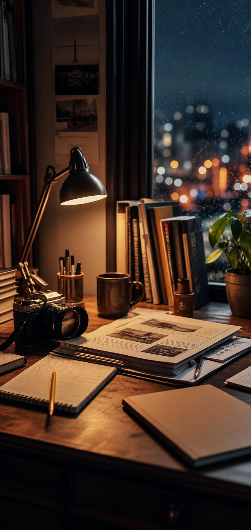 A warmly lit student publication desk beside a rainy window