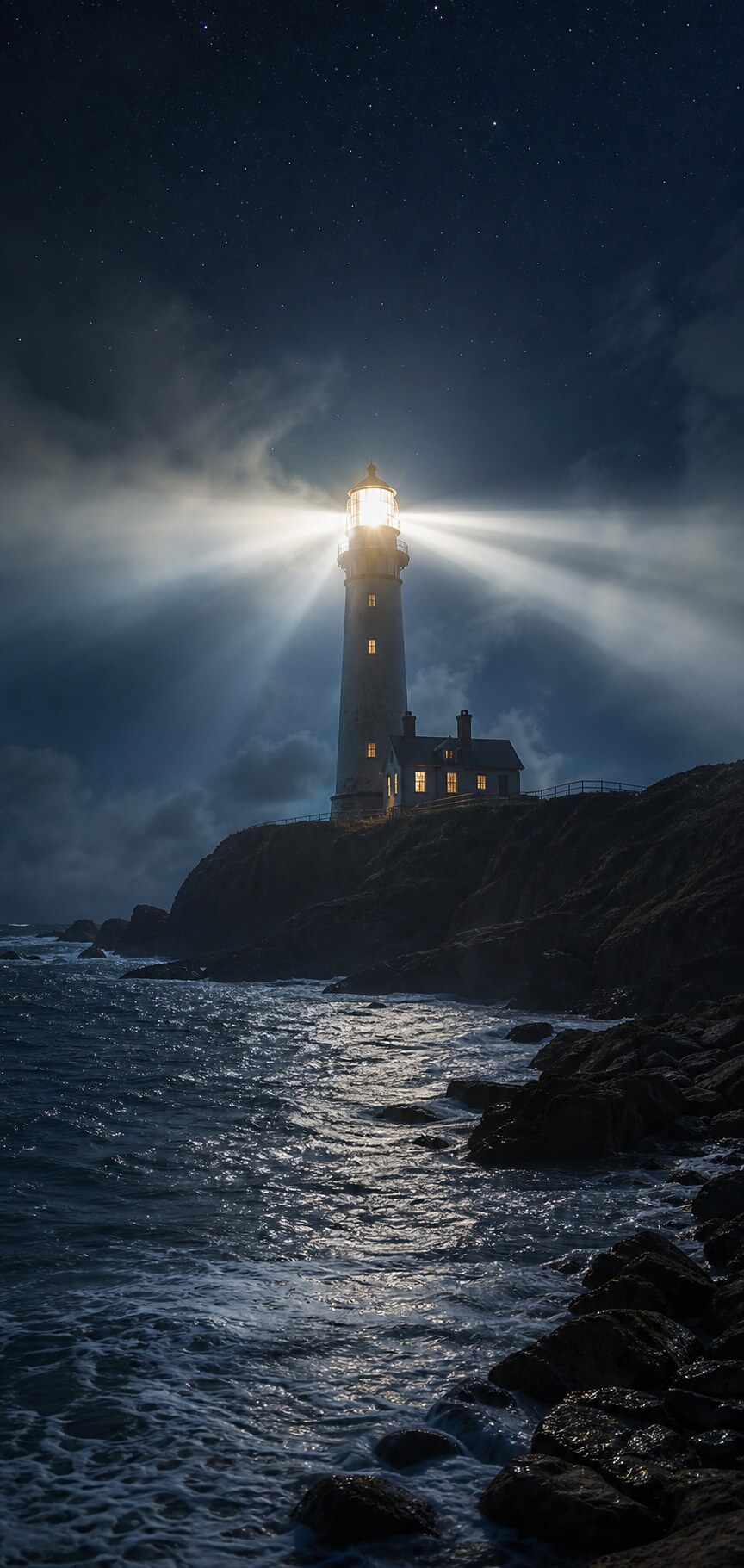 A lighthouse beam over a misty nighttime shore